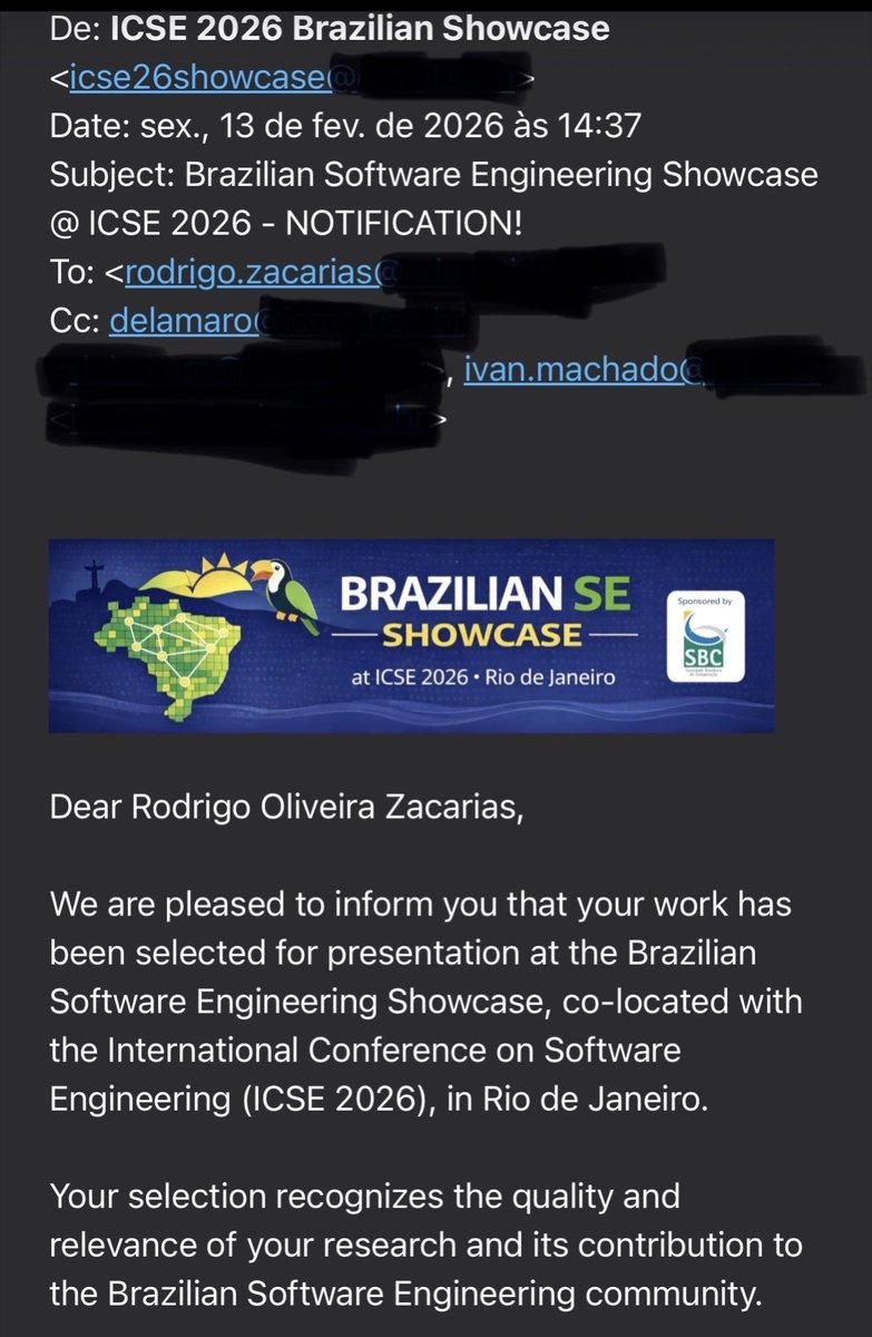 prof_rps's tweet photo. Glad to share that our work “Investigating Transparency in Software Ecosystems” was accepted for the Brazilian Software Engineering Showcase by @cees_sbc at @ICSEconf 2026, with @rodrigozacar, Rodrigo Feitosa, Patricia Lago &amp; yt from @UNIRIO_Oficial &amp; @VUamsterdam 🚀 https://t.co/xOAxZs8xFY