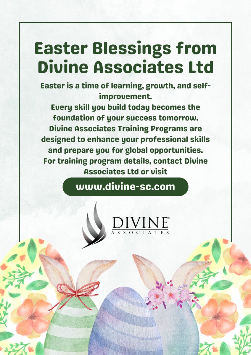 DivineAssociat's tweet photo. Growth begins with learning 
This Easter, build skills that shape your future and open global doors.
#Easter2026 #TrainingPrograms #SkillDevelopment #LearnAndGrow #DivineAssociates #ProfessionalTraining #CareerBuilding #GlobalSkills #FutureReady #SelfImprovement https://t.co/kLvu80tNvh