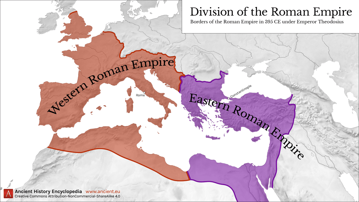 westernexile's tweet image. The partitioning of the Roman Empire in AD 395.

The single biggest unforced error in geopolitical history, the price of which we are still paying today.
