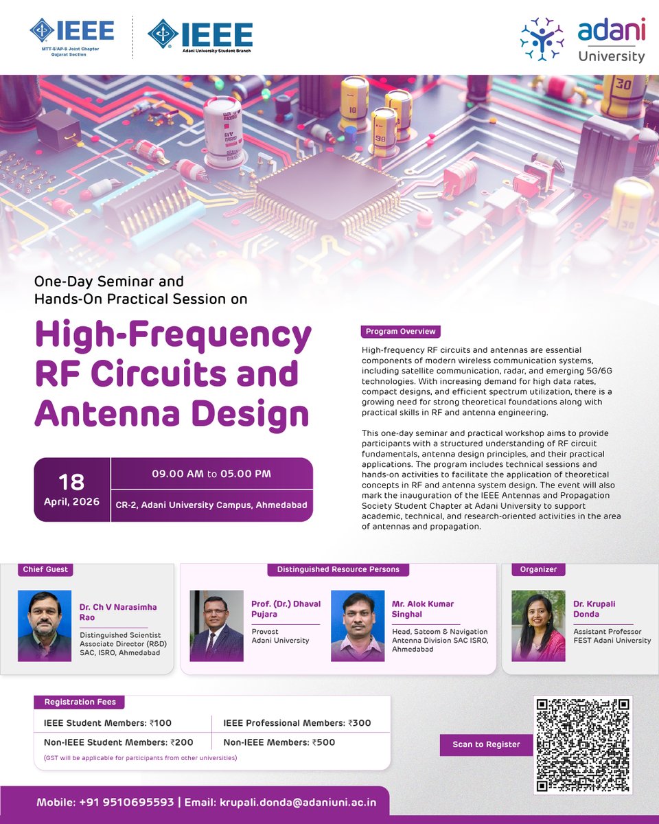 AdaniUniversity's tweet image. Advancing knowledge. Enabling innovation.

#AdaniUniversity, in collaboration with # IEEE, presents a hands-on seminar on High-Frequency RF Circuits &amp;amp; Antenna Design—designed to equip learners with practical insights into modern communication systems.

#RFAntenna #FutureTech