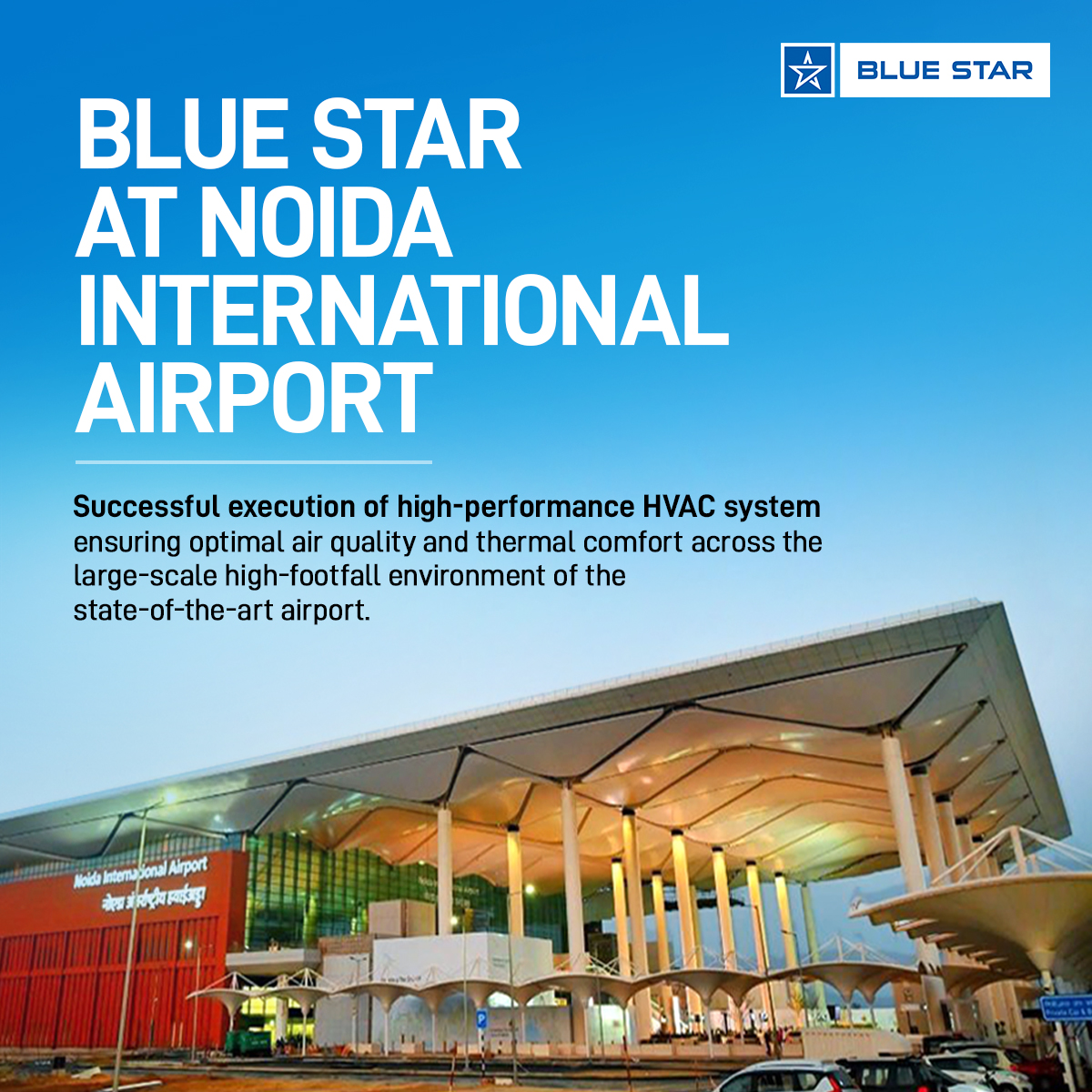 A milestone in India’s aviation journey. Blue Star is proud to have executed the HVAC installation, testing &amp; commissioning at Noida International Airport, enabling efficient performance, reliable operations and comfortable indoor environments at scale.
#BlueStar #NoidaAirport