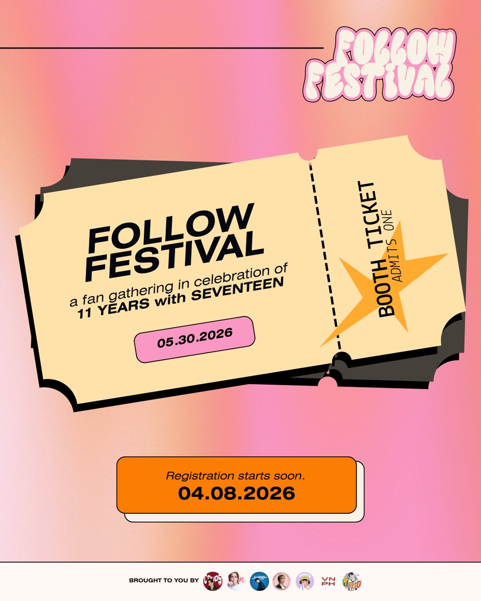 𝗞𝗨𝗡𝗚 𝗖𝗛𝗜 𝗣𝗔𝗞 𝗖𝗛𝗜!
ONE MORE TIME! 🎉

ELEVEN YEARS definitely calls for a celebration!

Follow Festival
🗓️ May 30, 2026
📝 Registration starts Apr 8, tonight, at 07:00PM

See you there!

11 YEARS WITH SEVENTEEN
#SVT11_FollowFestival #AtTheBay
#FanNightsatAMManilaBay