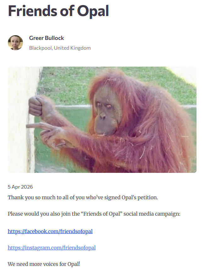 We will free $OPAL together !

Not touching the fees till it gets sent to the rightful petition owner/group activist to help free OPAL from the zoo.

This will go viral!