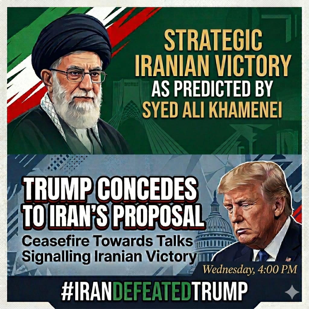 mgamalik1's tweet photo. Trump has conceded to Iran's proposal for a ceasefire towards talks signalling a strategic Iranian victory as Ayatollah Syed Ali Khamenei predicted.
Join Twitter Storm Now with
Wednesday, 4:00 Pm PKT
#IranDefeatedTrump https://t.co/RjUNo2wNZ6