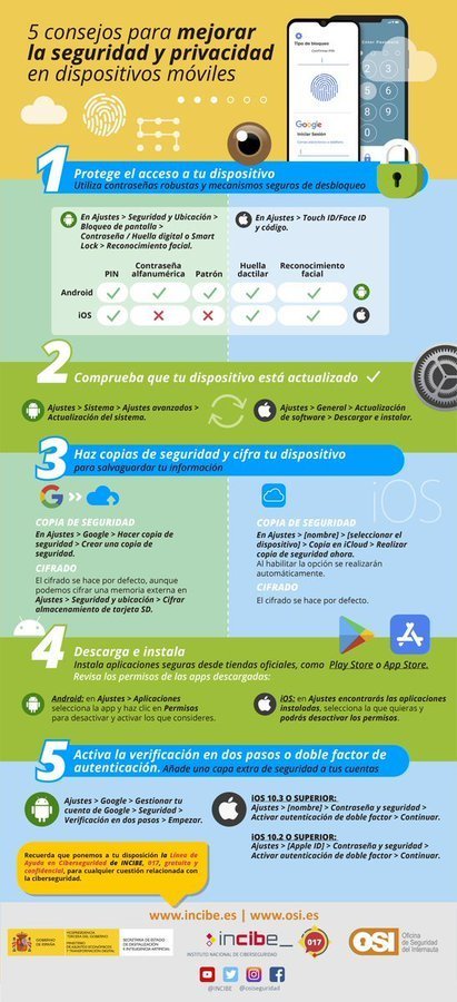 dsn's tweet image. #Ciberseguridad  ➡️  Configura adecuadamente tu dispositivo #móvil  ➡️  5 consejos para mejorar la  seguridad y privacidad en dispositivos móviles @osiseguridad @INCIBE tinyurl.com/mwc3r9tc