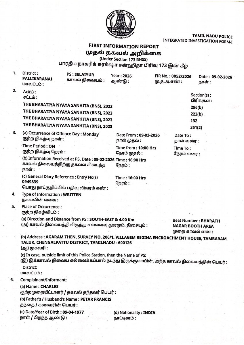 MappesuRising's tweet photo. @ECISVEEP @tnpoliceoffl @COPTBM Respected Sir/Madam,

I am writing to formally bring to your immediate attention a serious lapse in the implementation of the Election Commission’s transfer directives in the Selaiyur jurisdiction.

Despite the standing orders from the Election Commission of Tamil Nadu regarding the mandatory transfer of police officials ahead of the upcoming elections, the Assistant Commissioner of Police (ACP) of Selaiyur has notably not been transferred.

I wish to highlight the following grave concerns regarding his continued presence in this post:

Prolonged Tenure: The officer has remained in this specific jurisdiction for nearly 10 years, which is a direct violation of the administrative protocols intended to ensure impartial policing and fair elections.

Political Bias: There is visible evidence of the officer favoring one specific political party, compromising the neutrality required of a high-ranking police official during the sensitive election period.

Collusion with Criminal Elements: Alarmingly, individual with active non-bailable FIRs is being allowed to roam freely under his protection, posing a direct threat to the law and order situation and the safety of voters.

The continued stay of this officer in Selaiyur undermines the Election Commission's mandate for a "free and fair" election process. His presence creates an environment of intimidation and unfair advantage for a particular political group.

I earnestly request you to investigate this matter immediately and ensure the forthright transfer of the ACP of Selaiyur to a non-sensitive post, as per the EC guidelines. Furthermore, I urge you to direct the concerned authorities to execute the pending non-bailable warrants against the individuals mentioned.

Looking forward to your swift action in this regard.

Thanks,
B Santhanam,
Ex-Army, Social Activist
Ph: 9543454140