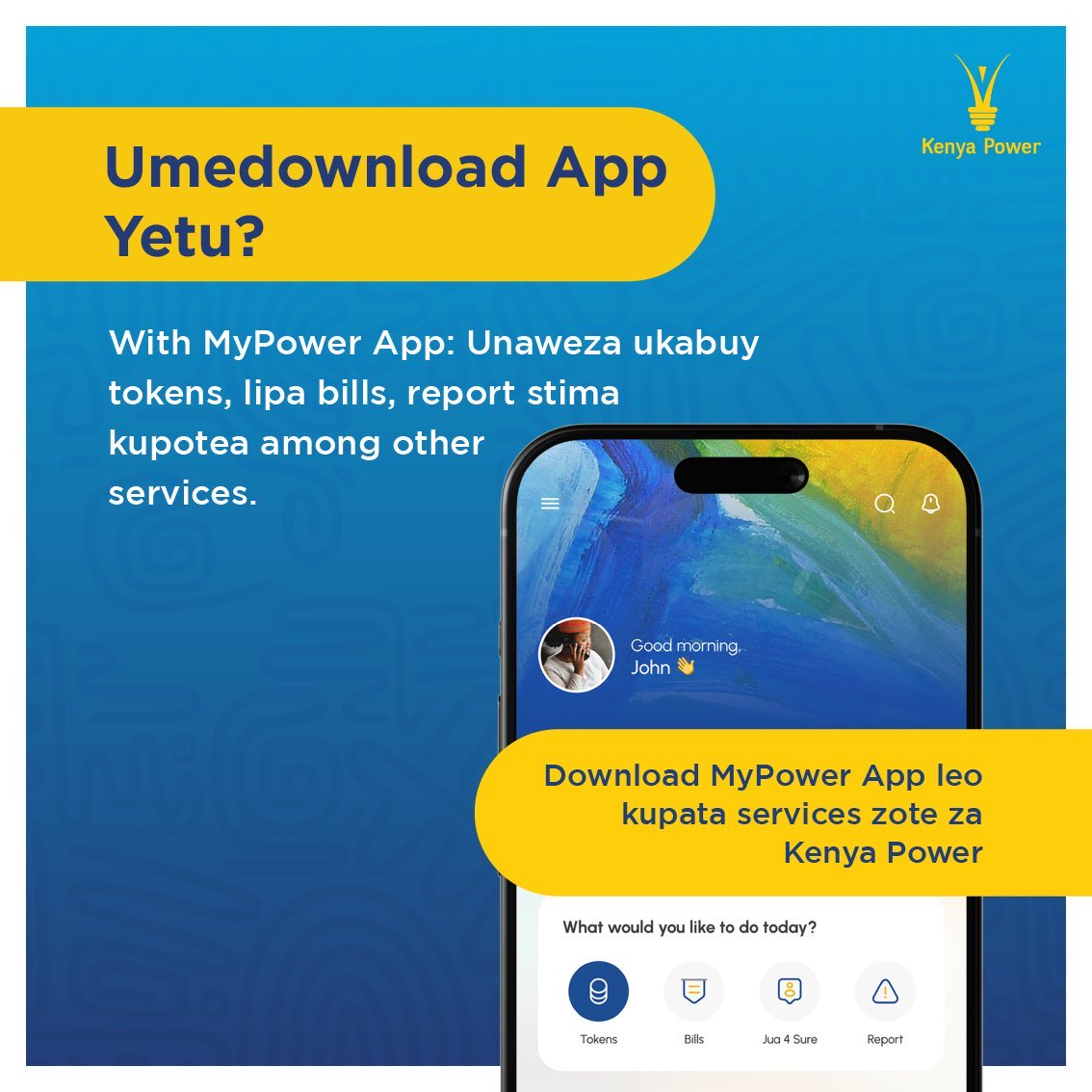 KenyaPower_Care's tweet image. What would you like to do today?
 
With the MyPower App, the choice is yours. 🤳
 
From buying tokens, to paying bills, it’s the smartest way to manage your home’s energy in seconds!
 
We’ve changed the game!  

Tap into convenience and download the App today! ^LN