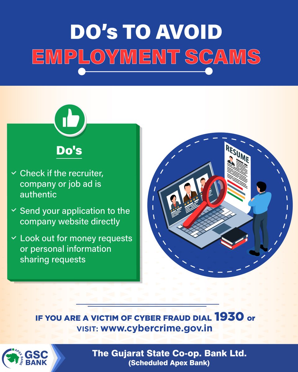 GSCBank's tweet photo. BEWARE OF EMPLOYMENT SCAMS... DON’T FALL FOR IT!
IF YOU ARE A VICTIM OF CYBER FRAUD DIAL 1930 or VISIT: https://t.co/4sQFAGuAM2
#gscb #cybercrime #cyberattack #employmentscams #JobScam #DigitalArrestScam #nevershare #phishing #BeAwareBeSafe #awareness #BeVigilant #BeSecure https://t.co/uVDKT7TZ5y