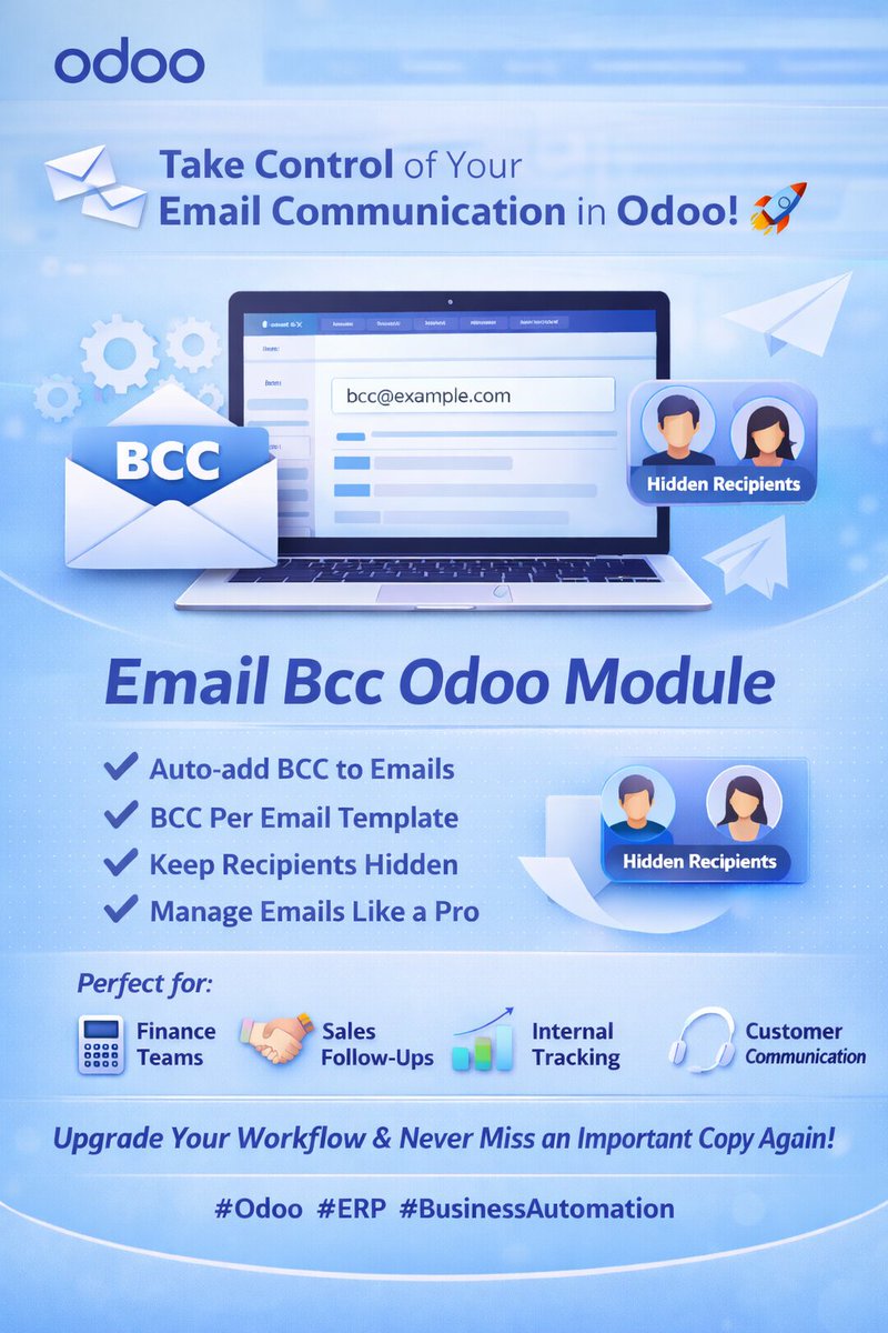 EquickERP's tweet photo. 🚀Take control of your email communication in Odoo
Add BCC automatically, keep recipients hidden, and manage emails like a pro 💼
✔️Auto BCC
✔️ Template-based BCC

Upgrade your workflow today!
#Odoo #ERP #Automation #Productivity #OdooApps #BusinessTools

https://t.co/sj1ltjy0IB https://t.co/SL41ceAZhj
