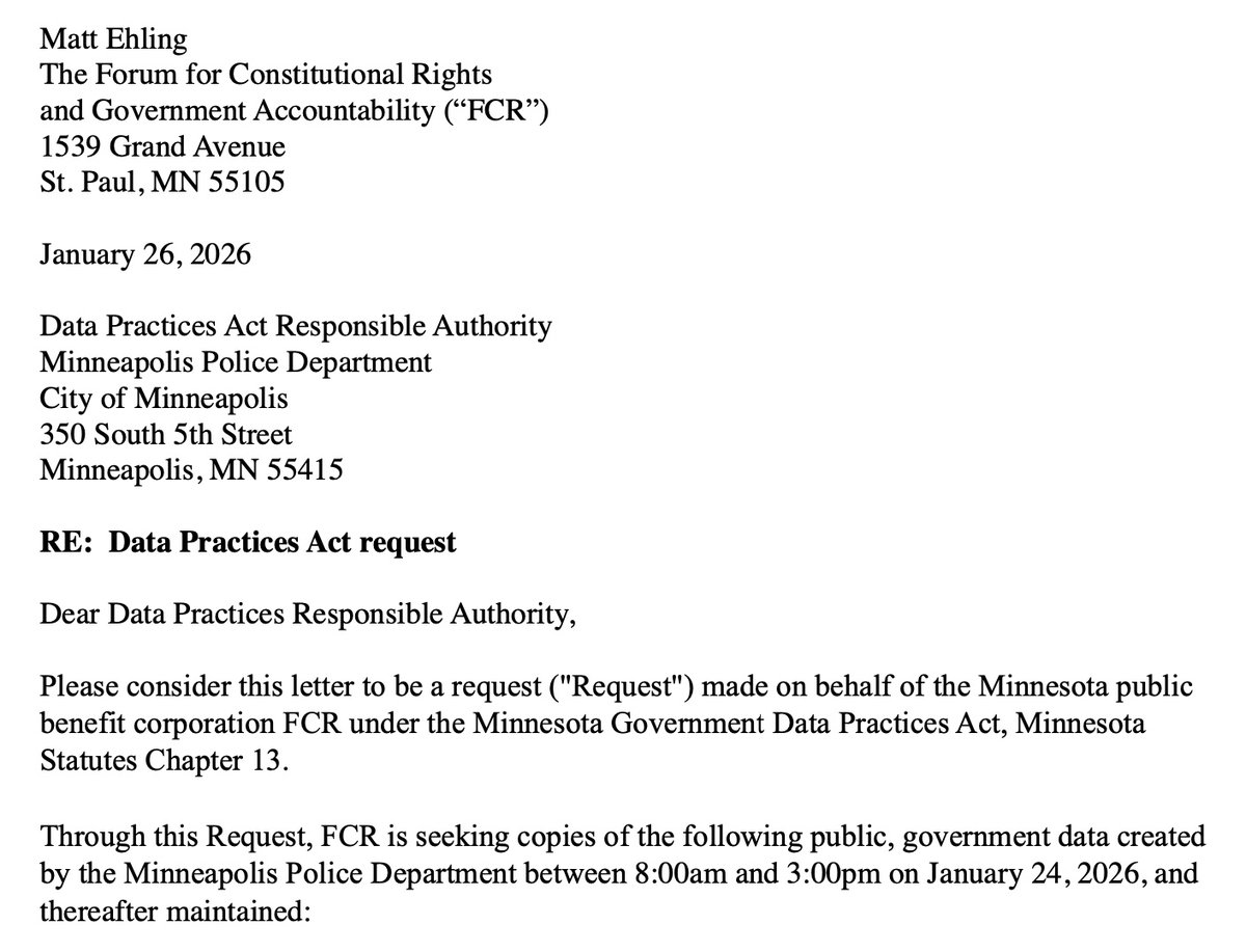 FConRights's tweet photo. The records were released in response to a Data Practices Act request filed by the Forum for Constitutional Rights and Government Accountability (FCR) on January 26, 2026. https://t.co/06qvFWptkH