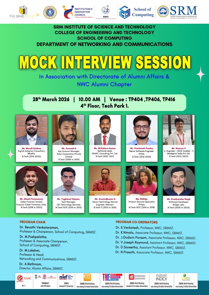 The Deptof Networking &amp; Communications Alumni Chapter, along with DAA,<a href="/SRM_Univ/">SRM Institute of Science and Technology</a>
, successfully conducted a Mock Interview Session on 28-03-2026.
A big thank you to our esteemed alumni for empowering future professionals! 👏

#SRMIST #SchoolOfComputing #NWC
