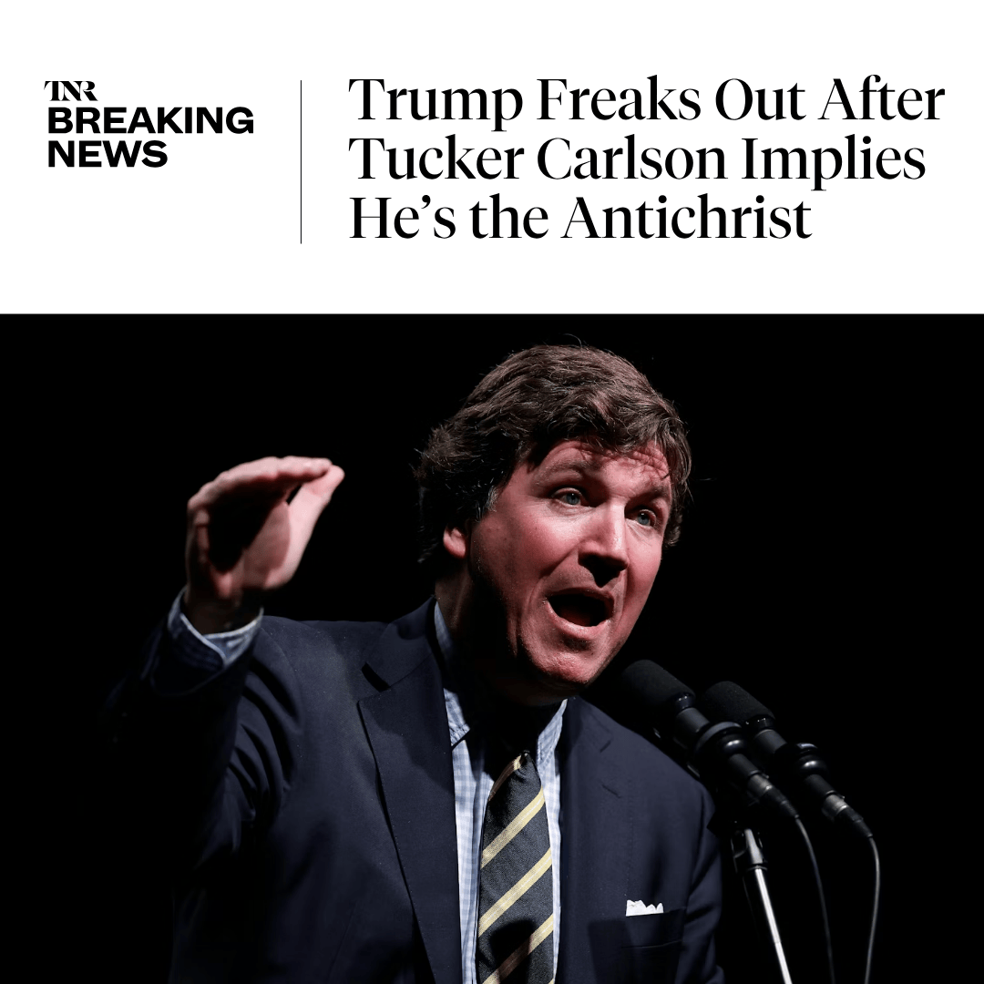newrepublic's tweet photo. Once a staunch supporter of President Trump, conservative political commentator Tucker Carlson has fully turned against him over the war in Iran, going as far as to liken Trump to the Antichrist on his eponymous podcast. https://t.co/BzhRuzO67z https://t.co/e9V4LHT3lB