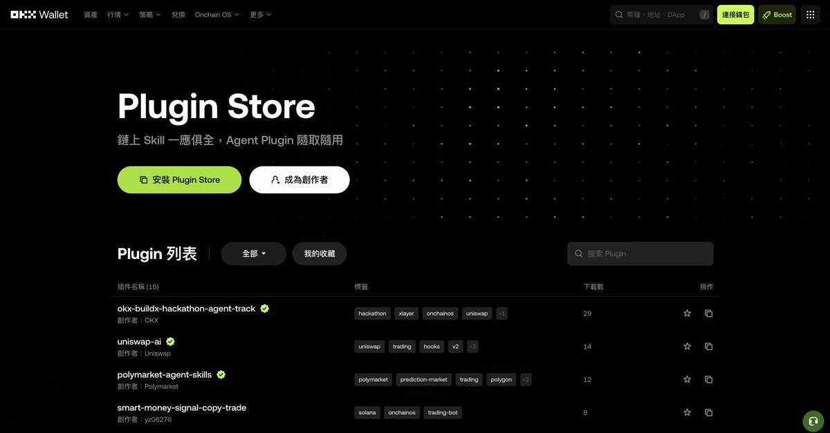 OKX 造路，开发者造车。 OKX Onchain OS 上线了 Plugin Store。

很多人听到 AI agent、MCP、Skill、Plugin 就头大。其实没那么复杂。

我用 OKX 刚上线的一系列 AI 产品来拆解这几个概念。

先搞懂六个基础概念（从底层往上看）

API = 单一功能模块