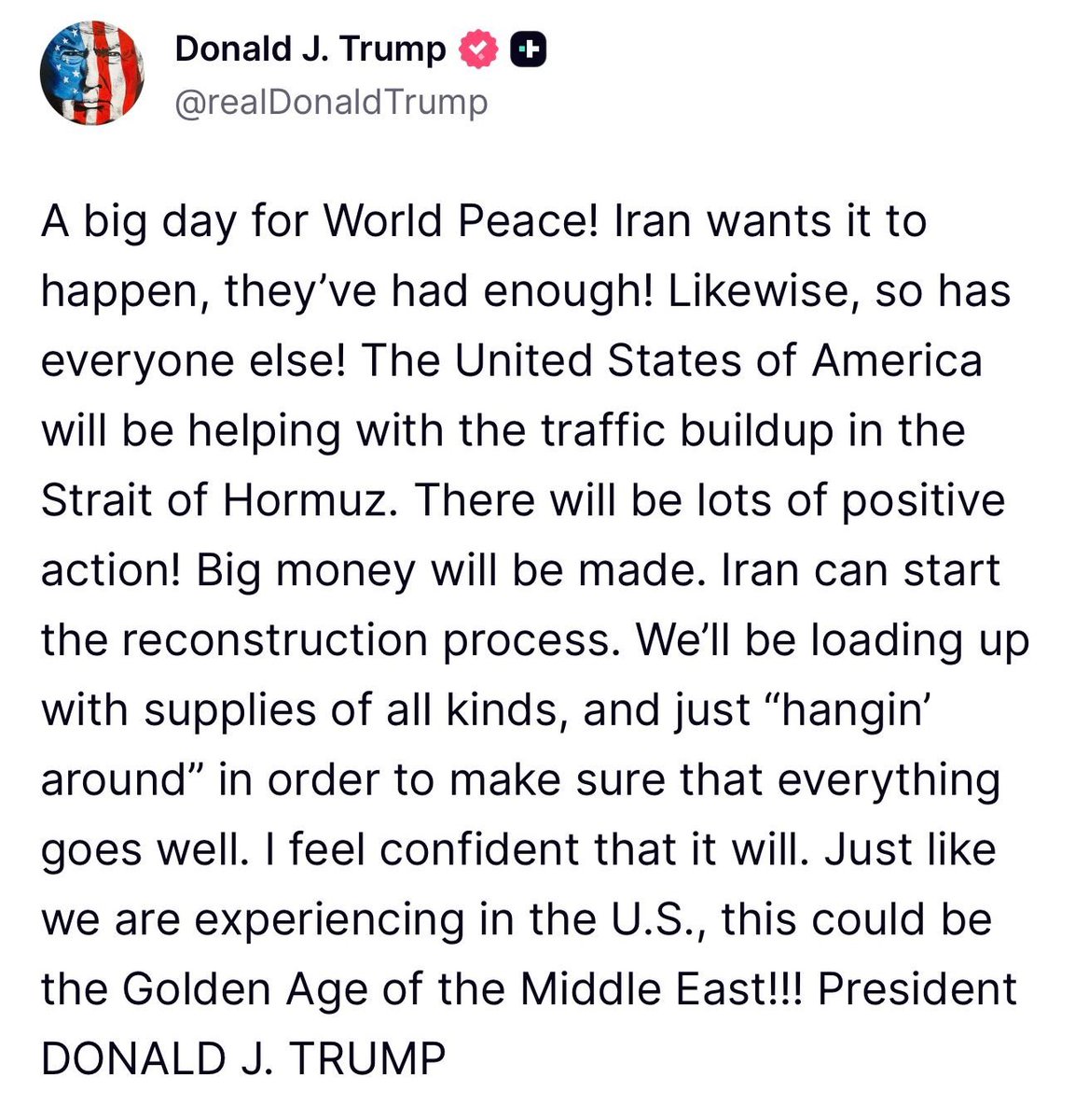 💢 Trump declares “big day for World Peace” following announcement of two-week ceasefire agreement with Iran 

🔹Trump said that the U.S. “will be helping with the traffic buildup in the Strait of Hormuz,” without stating what the U.S. role would entail. “There will be lots of