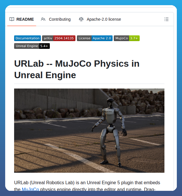 tom_doerr's tweet image. MuJoCo physics engine in Unreal Engine 5

github.com/URLab-Sim/Unre…
