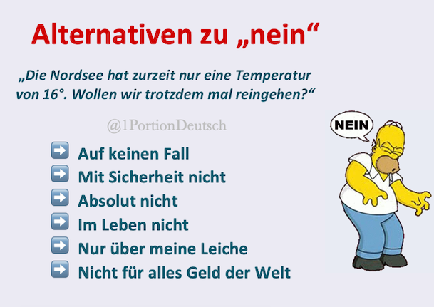 1PortionDeutsch's tweet image. #Deutschlernen #LearnGerman #Deutsch #German
Heute gibt es ein ganz kurzes #WortdesTages :-)

nein

Und das kann man auch sagen: