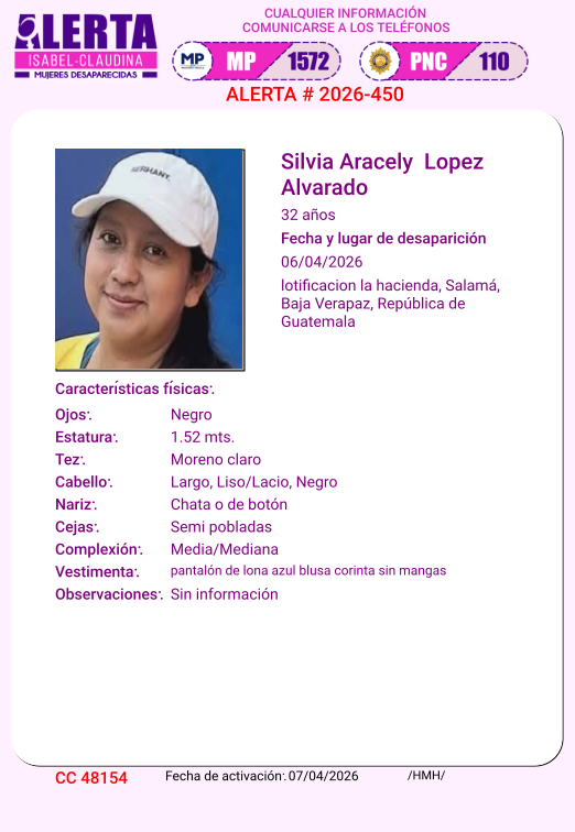 isabel_claudina's tweet image. AlertaIsabelClaudina
📷 Ayúdenos a encontrar a
Silvia Aracely Lopez Alvarado
Cualquier información comunicarse al teléfono  📷 1572
Gracias por difundir esta información📷