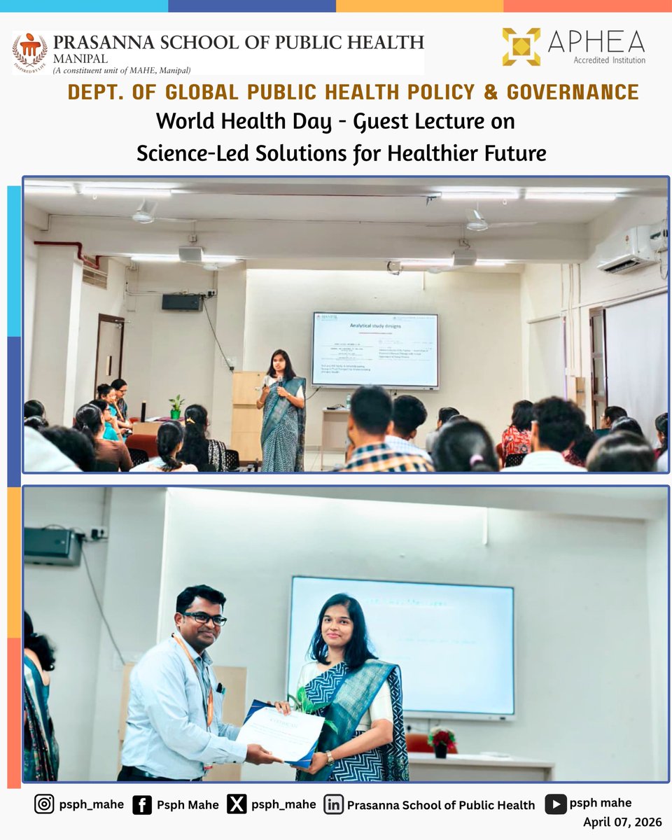 psph_mahe's tweet photo. On the occasion of World Health Day, Dr Navya Vyas, Faculty, #PSPH #GPHPG delivered a Guest Lecture on
 “Science‑Led Solutions for a Healthier Future”.
Organised by the Department of Community Health Nursing, #MCON, Manipal.
#WorldHealthDay2026  #ScienceForHealth #MAHE https://t.co/SmYXVjuFxR