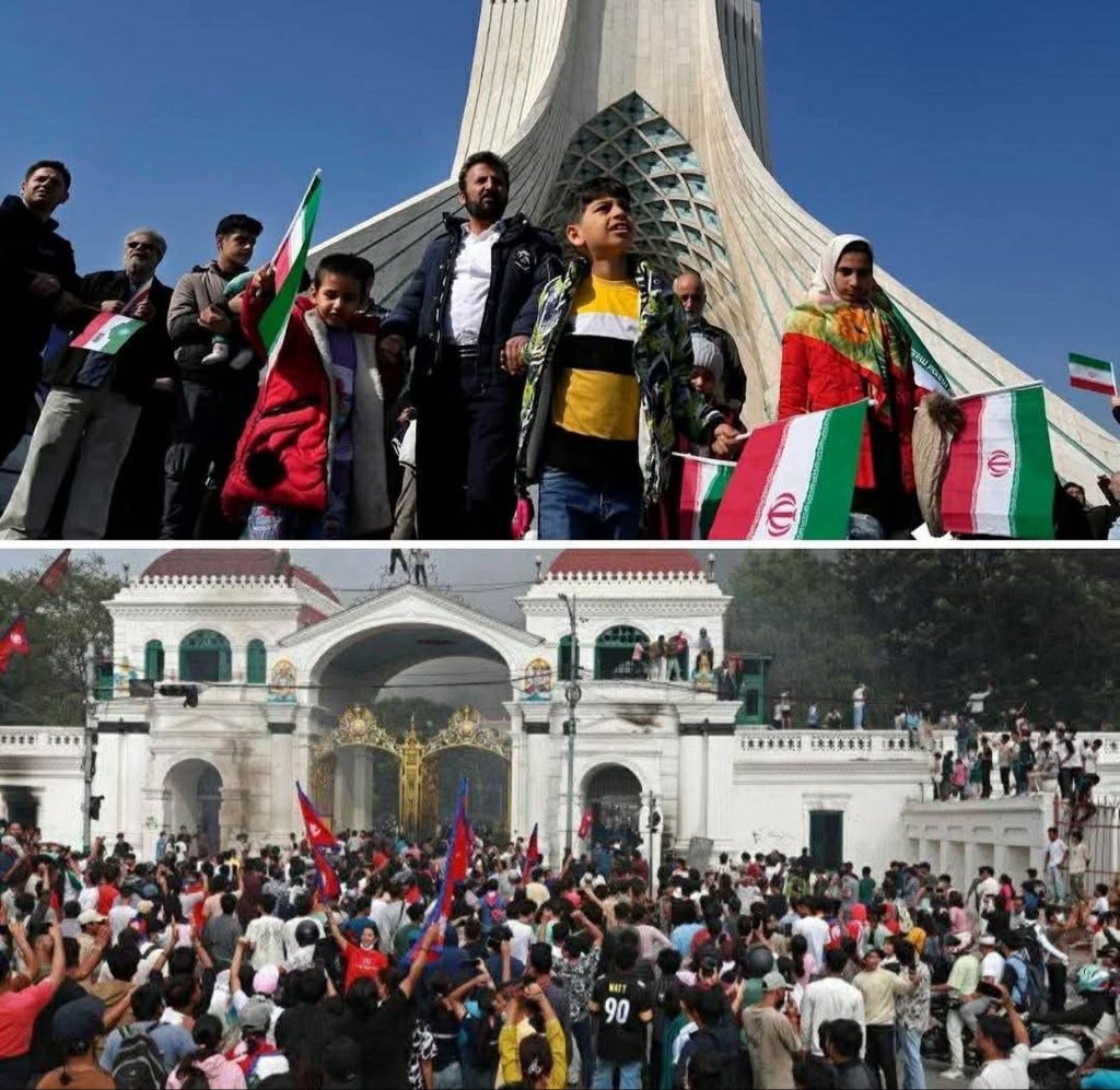 आफ्नो राष्ट्रिय झण्डा बोकेर देश जोगाउन सडकमा उत्रिएका इरानी जनता
र यहाँ… आफ्नै देश जलाउन उद्यत केही निर्दयी मनहरु