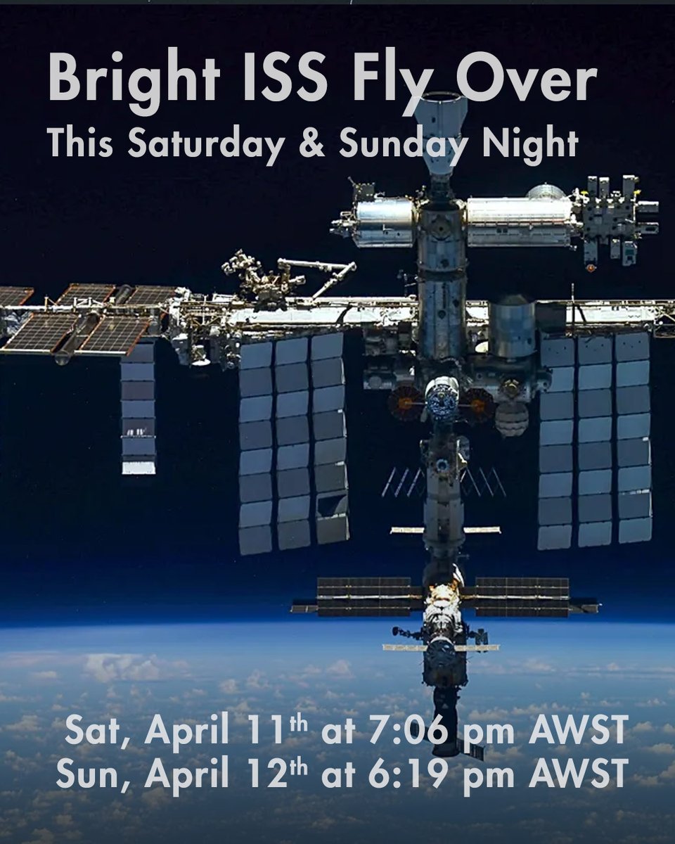 perthobs's tweet image. The International @Space_Station will fly over extremely bright tonight at 6:18 pm (Mag -3.7).

To use the attached maps, face south and hold the map above your head, and you'll see the path of the flyover.

#spotthestation #internationalspacestation #spacestation #iss #Perth #WA