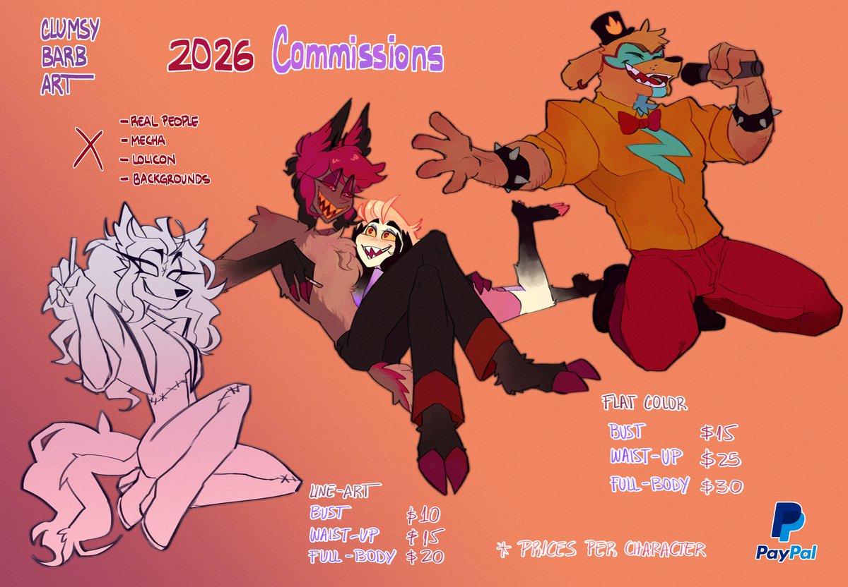 BarbClumsy's tweet image. 🖤COMMISSIONS OPEN  

🤍Line-Art and Flat Color Only

💜Abril 3 Slots - Send me a DM!