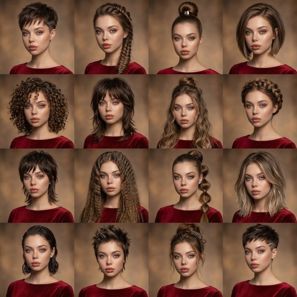 AIwithSynthia's tweet image. Images with different hairstyles using Nano Banana 2 on @PixPrettyAI 

Prompt 👇 

A high-quality photo collage featuring the same person with identical facial features and expression, shown in multiple frames with different hairstyles. Each panel displays a unique hairstyle such