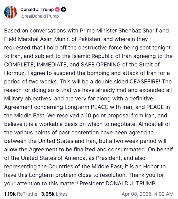 Iran and US agree to conditional two-week ceasefire and opening of Hormuz strait.

⁠Iranian foreign minister, said ​if attacks against Iran were stopped, Tehran would end its strikes and allow safe transit through the Strait ⁠of Hormuz for ‌two weeks.