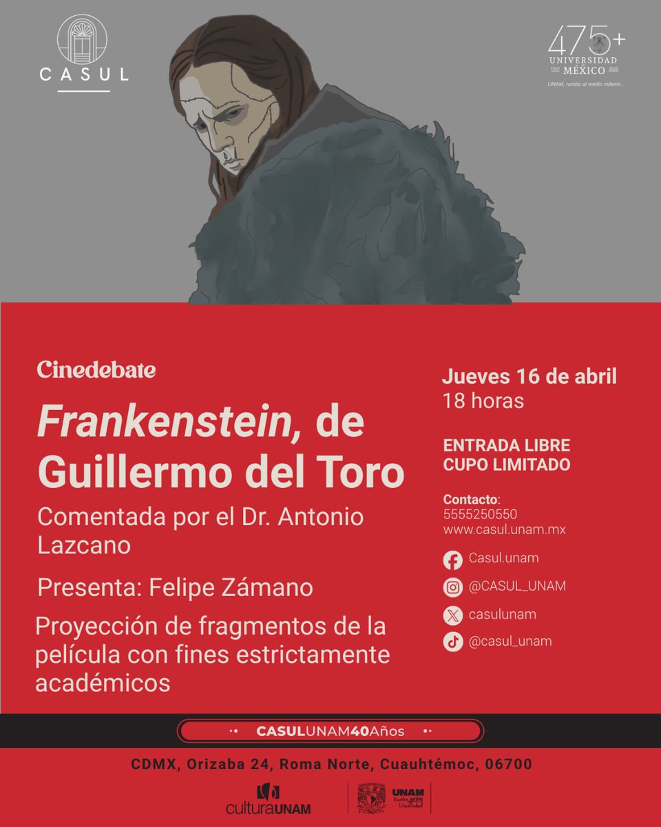 casulunam's tweet photo. El Dr. Antonio Lazcano, biólogo evolutivo, analizará el mito de #Frankenstein y el origen de la vida, tomando como referencia la visión fílmica de @RealGDT. ¡Aquí nos vemos!⚡🧟‍♂️🧪
Presenta: @FelipeZamano

🗓️ 16 de abril, 18 h
📍 Orizaba 24, Roma Norte, #CDMX

#GuillermodelToro https://t.co/A8IgNB8g5F