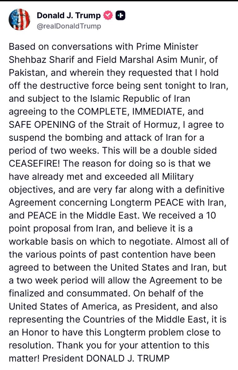 Great diplomacy by Pakistan’s leadership has achieved what seemed unlikely—lowering the temperature and creating space for peace.

From escalation → pause → pathway.

Two weeks may be short—but could be decisive.

• 10-point frameworks on both sides
• Hormuz tied to