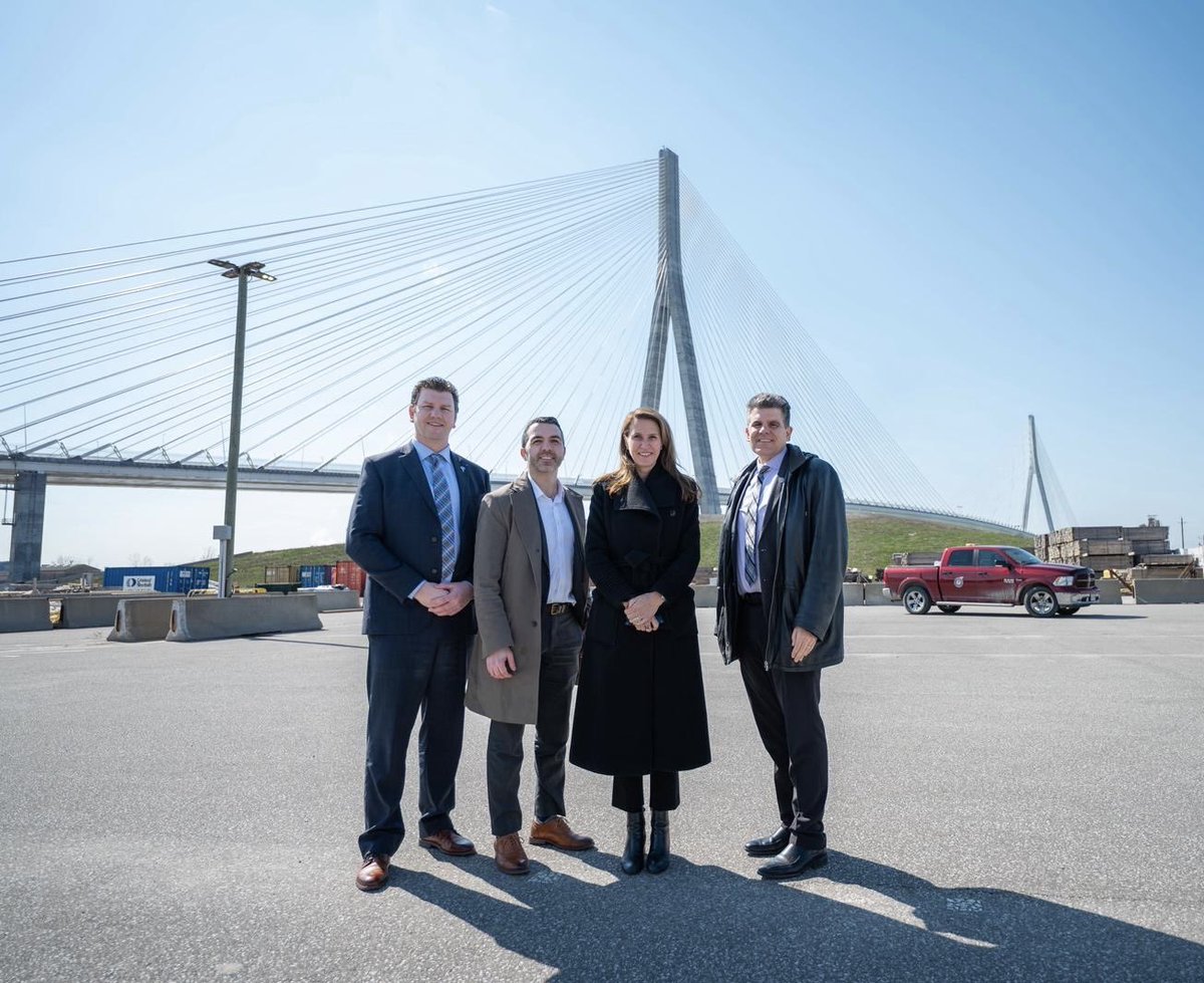 C_Mulroney's tweet photo. The Gordie Howe International Bridge will be a game changer. 

Today, I visited the site and saw firsthand the scale of this project. This crossing between Windsor and Detroit will support trade, strengthen supply chains, and help keep goods moving across the border. Even before it opens, it stands as a symbol of the strong connection between our countries.