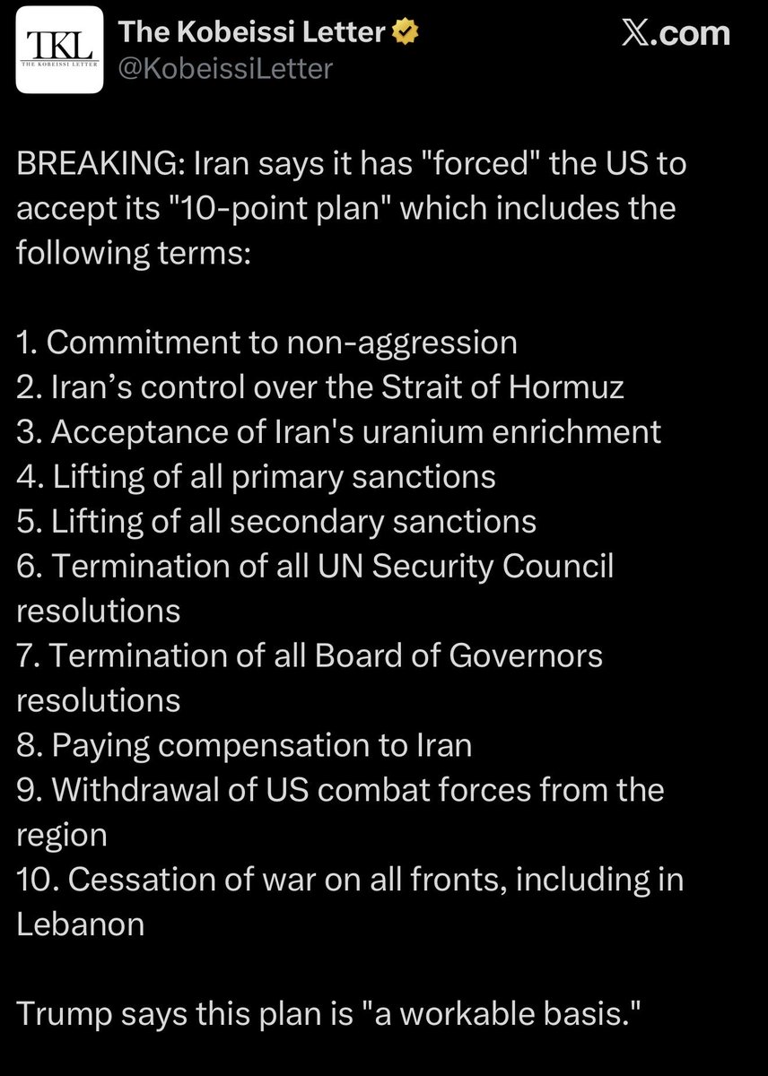 kylenabecker's tweet image. BREAKING.🚨

President Trump responds to reports that he has “ACCEPTED” Iran’s alleged 10-point peace plan as “Fake News.”

“The alleged Statement put out by CNN World News is a FRAUD, as CNN well knows.”

CNN is boosting Iranian propaganda. A new low for the network.

Trump vows