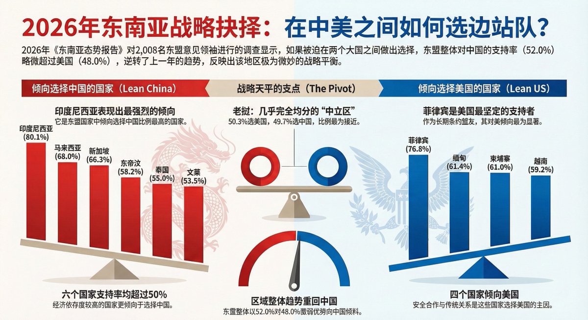 如果一定要在中美之间选边站，东南亚各国意见领袖的选择。

这是尤索夫伊萨东南亚研究院发布的《东南亚态势报告2026》中呈现的态势。