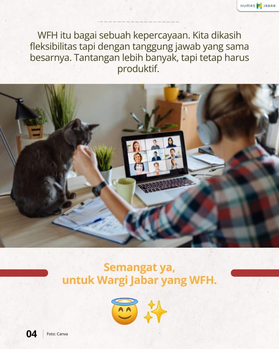 humasjabar's tweet image. Menurut wargi WFH itu apa?
WFH = Work From Home bukan Work From Holiday, yaaa! Karena kita dikasih fleksibilitas tapi dengan tanggung jawab sama besar dengan wargi di tempat kerja 😊

Semangat bagi wargi Jabar yang #WFH 🔥

#LemburDiurusKotaDitata #JabarIstimewa #KDMErwan