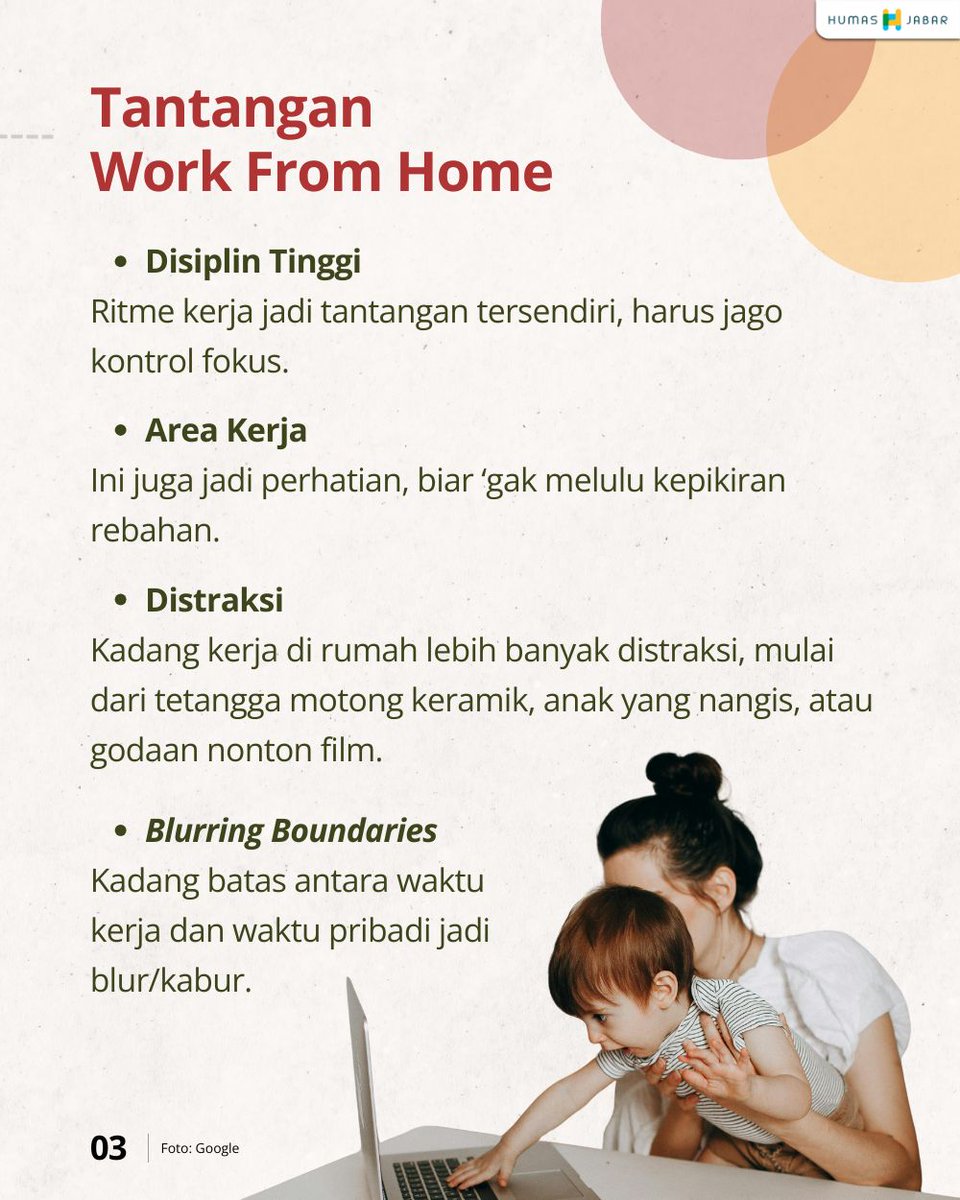 humasjabar's tweet image. Menurut wargi WFH itu apa?
WFH = Work From Home bukan Work From Holiday, yaaa! Karena kita dikasih fleksibilitas tapi dengan tanggung jawab sama besar dengan wargi di tempat kerja 😊

Semangat bagi wargi Jabar yang #WFH 🔥

#LemburDiurusKotaDitata #JabarIstimewa #KDMErwan