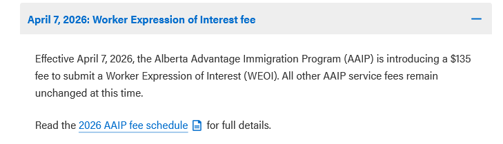TTRRMK's tweet image. Effective April 7, 2026, the Alberta Advantage Immigration Program (#AAIP) is introducing a $135 fee to submit a Worker Expression of  Interest (WEOI). All other AAIP service fees remain unchanged at this  time. alberta.ca/aaip-updates