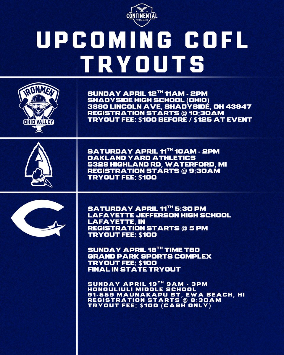 coflfootball's tweet photo. Upcoming CoFL Tryouts!

6 of our 8 teams still have tryouts for players who are looking for opportunity! 

Make sure to follow them on socials so you don't miss out!

#CoFLFootball | #CoFL2026 https://t.co/lkWR0yhRJv