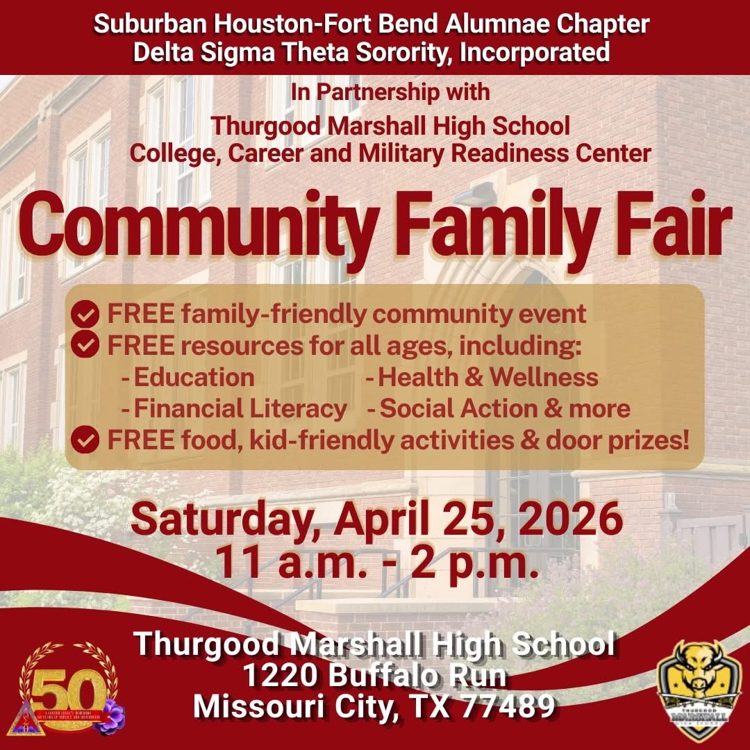 thesugarland95's tweet photo. 🤍 FRIENDS in the COMMUNITY

Join the Community Family Fair on April 25, 2026 (11 AM–2 PM) at Thurgood Marshall High School in Missouri City.

FREE resources, food, and family-friendly activities!
#FriendsInTheCommunity #CommunityEvent #SugarLand95 https://t.co/hLwAbD0R0n