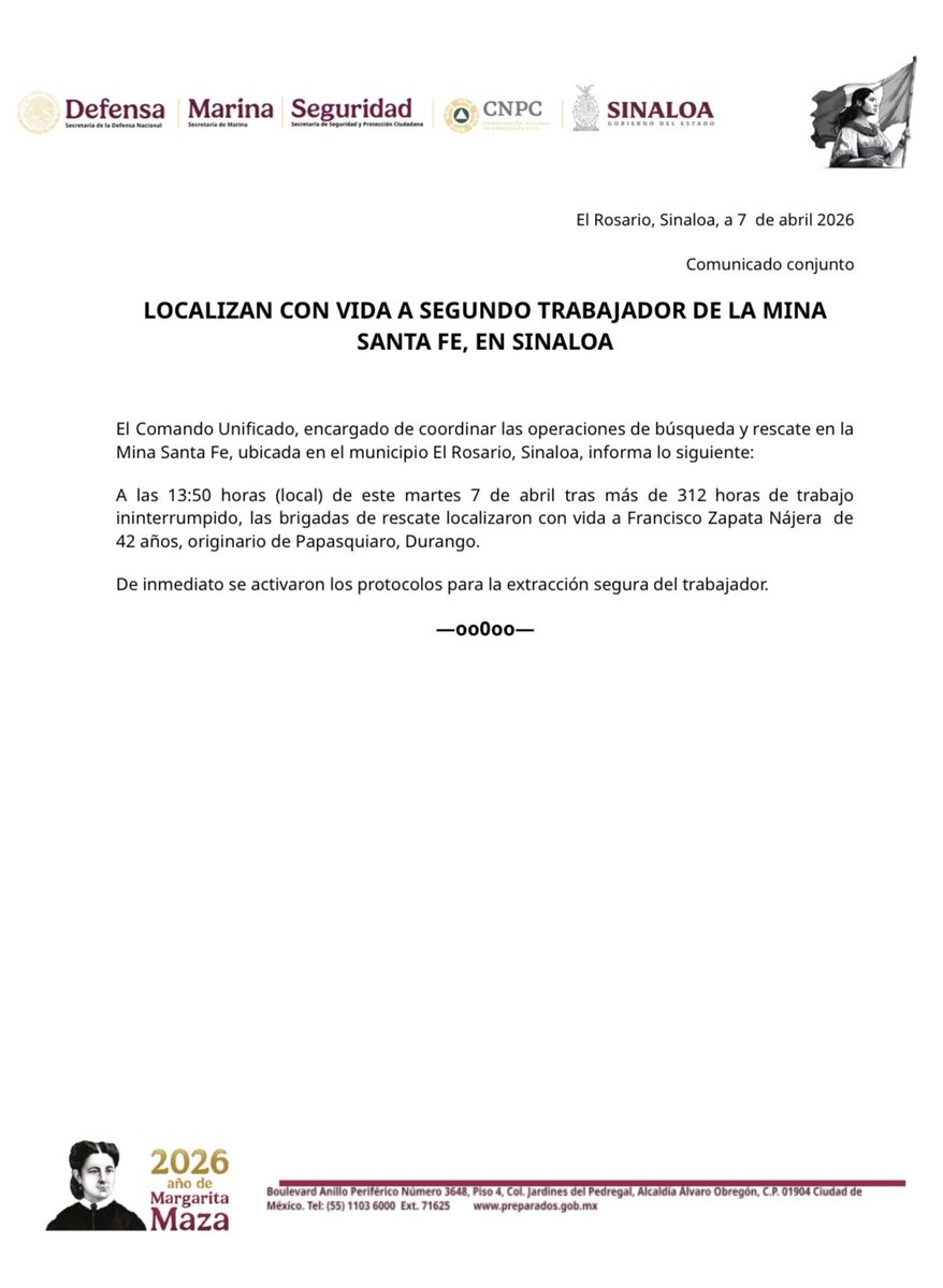 nacholozano's tweet image. #ÚLTIMAHORA  |  Localizaron con vida al segundo trabajador de la mina Santa Fe, en #Sinaloa. Se trata de Francisco Nájera, de 42 años de edad, originario de Papasquiaro, #Durango.
