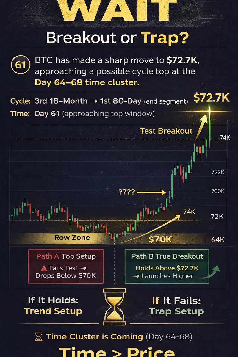 gl_trader97947's tweet photo. Day 61.

Sharp move to $72.7K.

Everyone calls it a breakout.

But this is not confirmation.

This is a test.

If it holds → trend.
If it fails → top setup.

Time will decide. https://t.co/htItXr7AQW