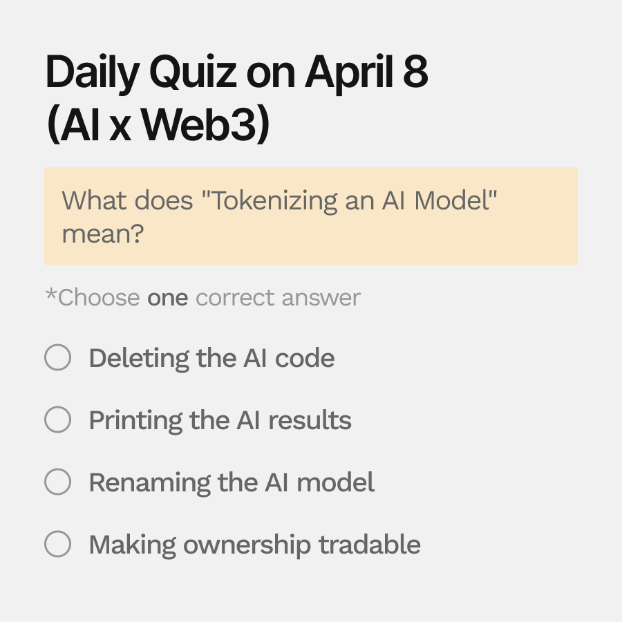 Xenea_io's tweet photo. 🔍 Need a Hint for Today’s Quiz?

NFT-based intellectual property representation, fractionalizing model rights through cryptographic assets. https://t.co/1QyQfB8tMH