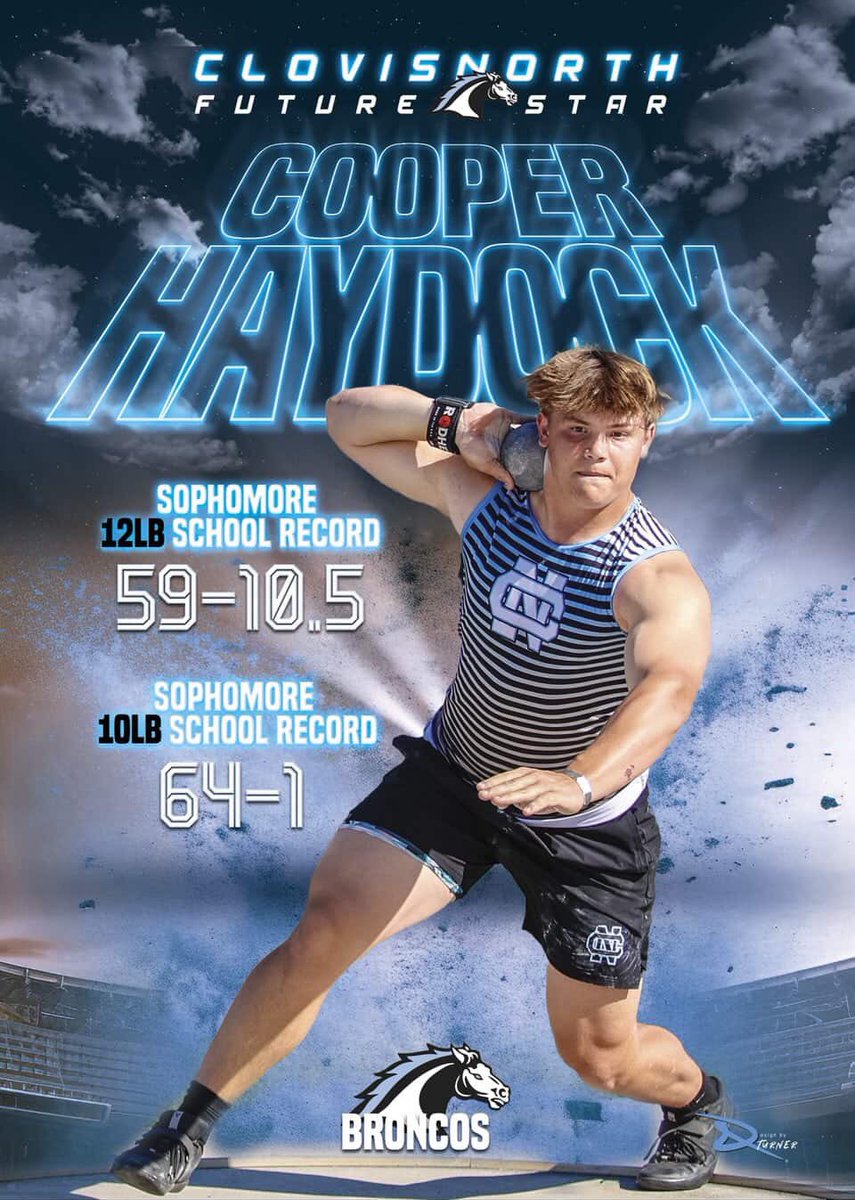 CooperHaydock's tweet photo. SOPHOMORE SEASON 📈

Blessed to break the school sophomore records in BOTH 
12Ib and 10lb shot put at Clovis North.

12lb: 59'10.5
10lb: 64'1

All glory to God. Just getting started... 💪Thank you to @deanna_4029 for this graphic! 

@cntrack 
@CNECBroncos https://t.co/bs2pgdeOuH