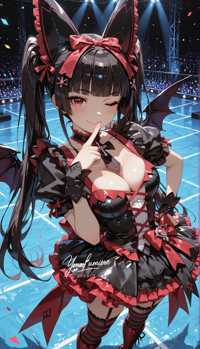 oneesan_aiart's tweet image. Rory Mercury — stepping into the spotlight with playful charm, the apostle of death turns every performance into a captivating show of dark idol energy 🎤🖤✨ #RoryMercury #Gate #aiart