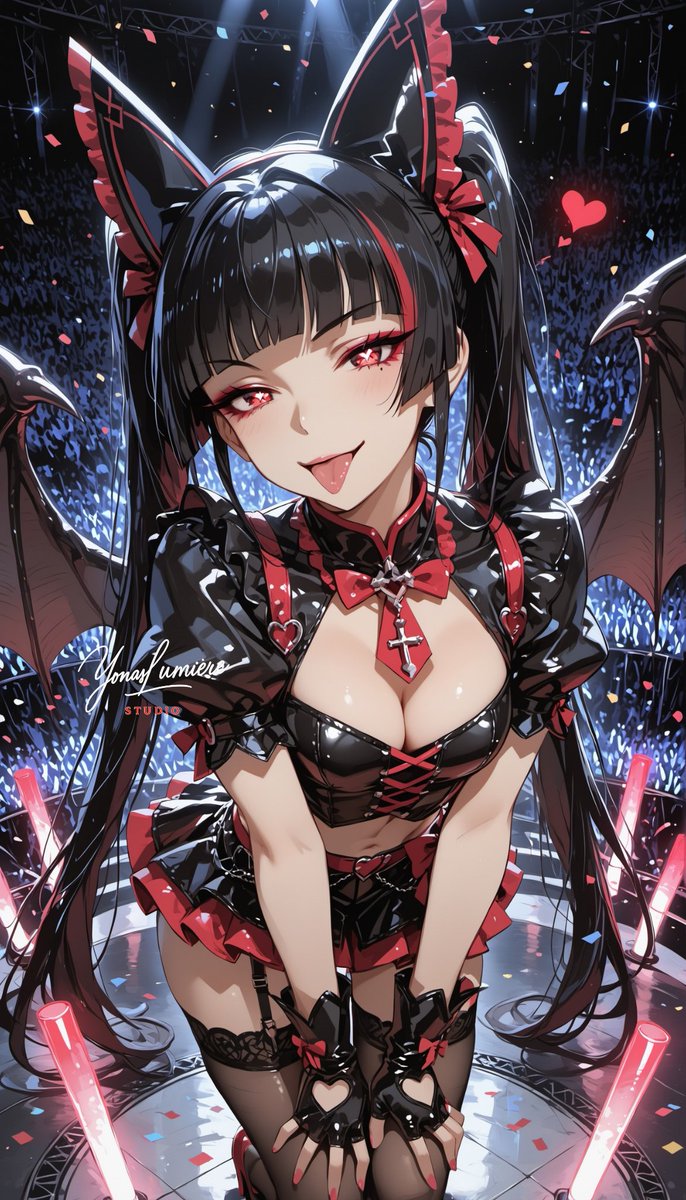 oneesan_aiart's tweet image. Rory Mercury — stepping into the spotlight with playful charm, the apostle of death turns every performance into a captivating show of dark idol energy 🎤🖤✨ #RoryMercury #Gate #aiart