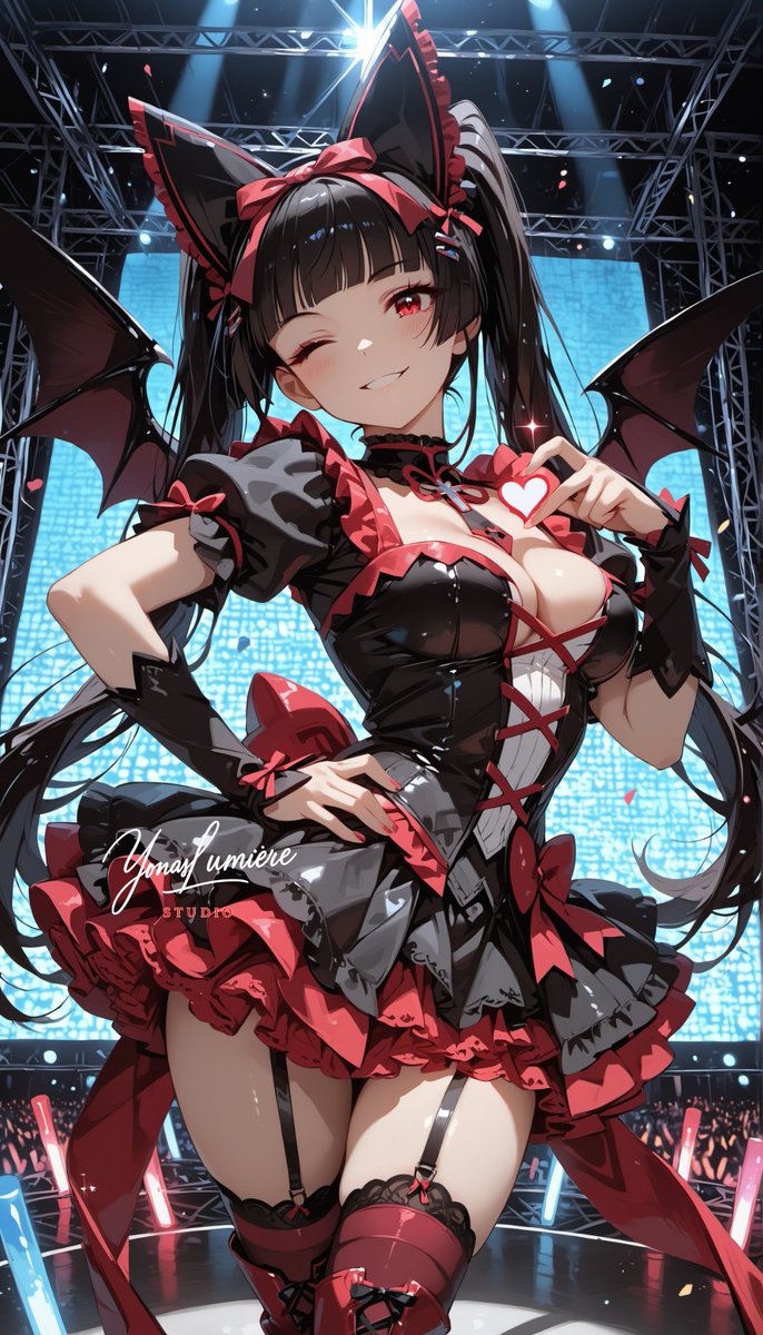 oneesan_aiart's tweet image. Rory Mercury — stepping into the spotlight with playful charm, the apostle of death turns every performance into a captivating show of dark idol energy 🎤🖤✨ #RoryMercury #Gate #aiart