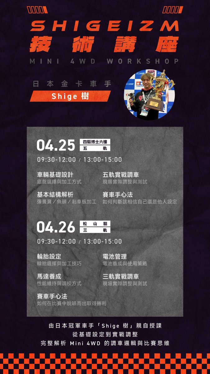 mini4wd_shige's tweet photo. 4月25日.26日に🇹🇼台湾の方でワークショップとレースイベントの方開催させて頂ける運びとなりました。日本のレーススタイルを学んでみたいとのお話を頂き開催の運びとなりました。昨年アジアチャレンジの大会を見学させて頂き白熱したレースを繰り広げていた皆さんとお会いできる事を楽しみにしています https://t.co/ota6AMbWze