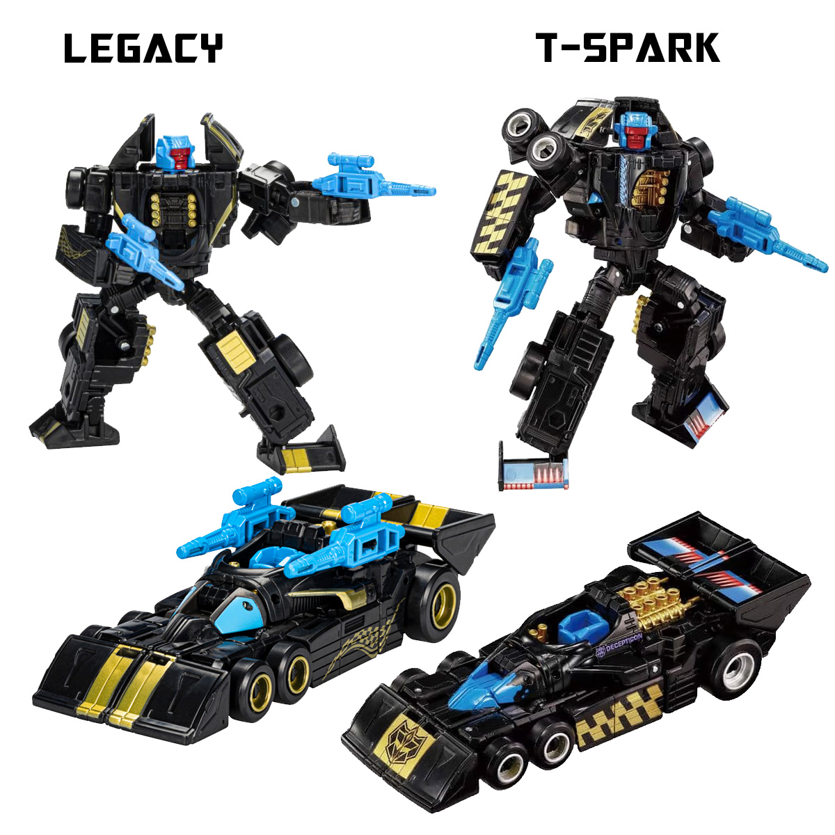 BWTF_Ben's tweet image. Side by side comparisons of the #hasbro versions of the G2 Stunticons and their #takaratomy T-Spark counterparts.  The decos are definitely different! #transformers #actionfigures #toys (fixed post)