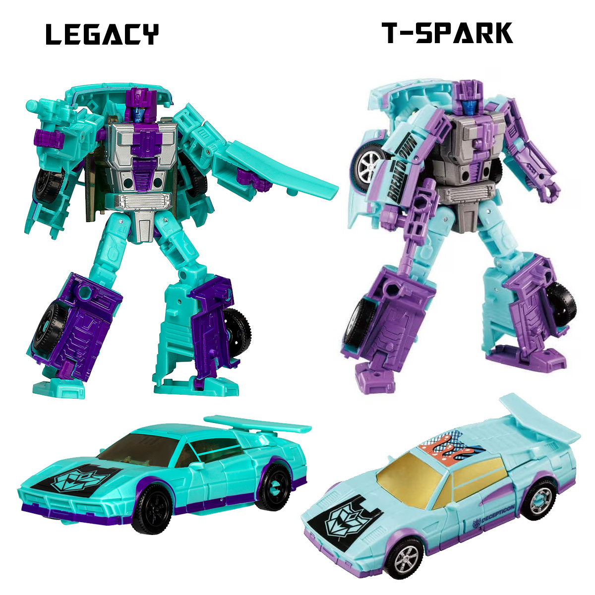 BWTF_Ben's tweet image. Side by side comparisons of the #hasbro versions of the G2 Stunticons and their #takaratomy T-Spark counterparts.  The decos are definitely different! #transformers #actionfigures #toys (fixed post)