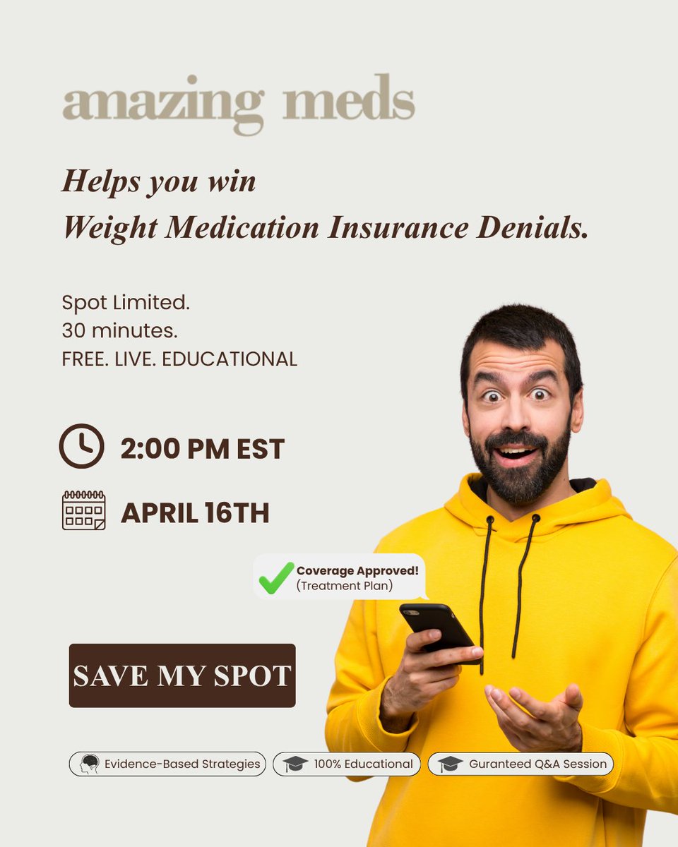 AmazingMeds's tweet photo. There is a specific "code" to getting weight management medications approved in 2026. Most denial letters are based on missing paperwork or "medical necessity" language that is easy to fix—if you know what to look for.

On April 16th at 2:00 PM EST, we’re showing you exactly how to navigate the system.

What you’ll get:

1. Evidence-based appeal strategies.
2. A breakdown of medical necessity criteria.
3. Guaranteed Live Q&A.

Free. Live. Educational. 

Register now: https://t.co/kDGO6Dh6oi
