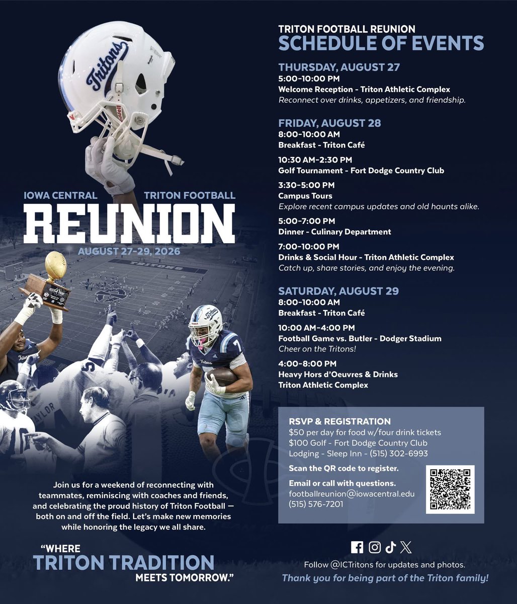 ICTritons's tweet photo. π¨ Triton Football Alumni π¨ Tell your @TritonNation teammates! We can't wait to see you in August for a weekend of reconnecting, reminiscing, and Triton Football! π±π #TritonNation #AlwaysATriton #TritonPride #TritonExperience https://t.co/JL4hnW5L5o