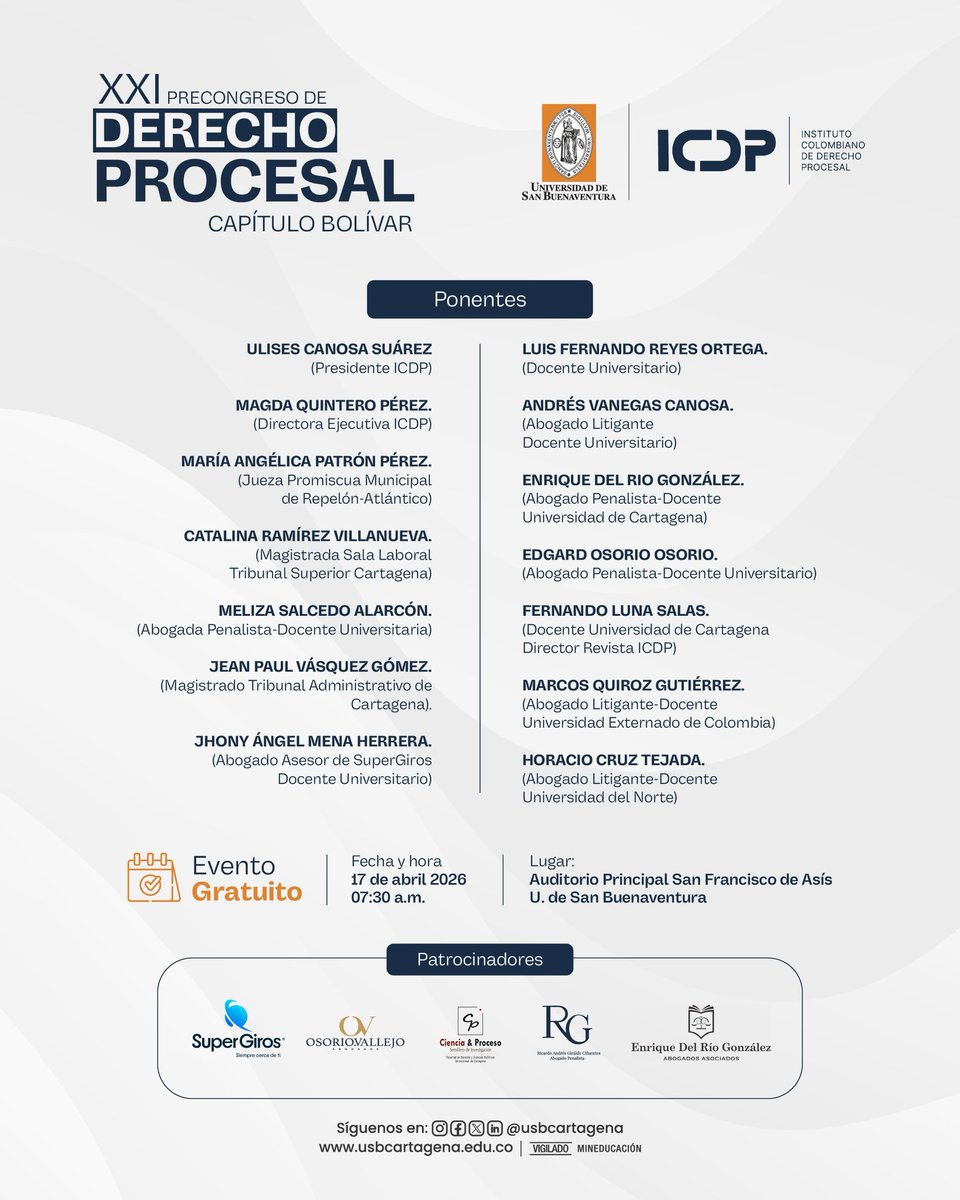 ⚖️ Te invitamos al XXI Precongreso de Derecho Procesal – Capítulo Bolívar.

Analizaremos los retos actuales en derecho procesal, probatorio e innovación jurídica.

💡 Imperdible para quienes litigan, investigan y deciden. 

<a href="/ucanosas/">Ulises Canosa Suarez</a> <a href="/DoctorBatalla/">Jhony  Batalla  Mena</a> <a href="/RicardoGiraldo_/">Ricardo Giraldo Abogados- RAG ABOGADOS S.A.S.</a> <a href="/I_C_D_P/">ICDP</a>
